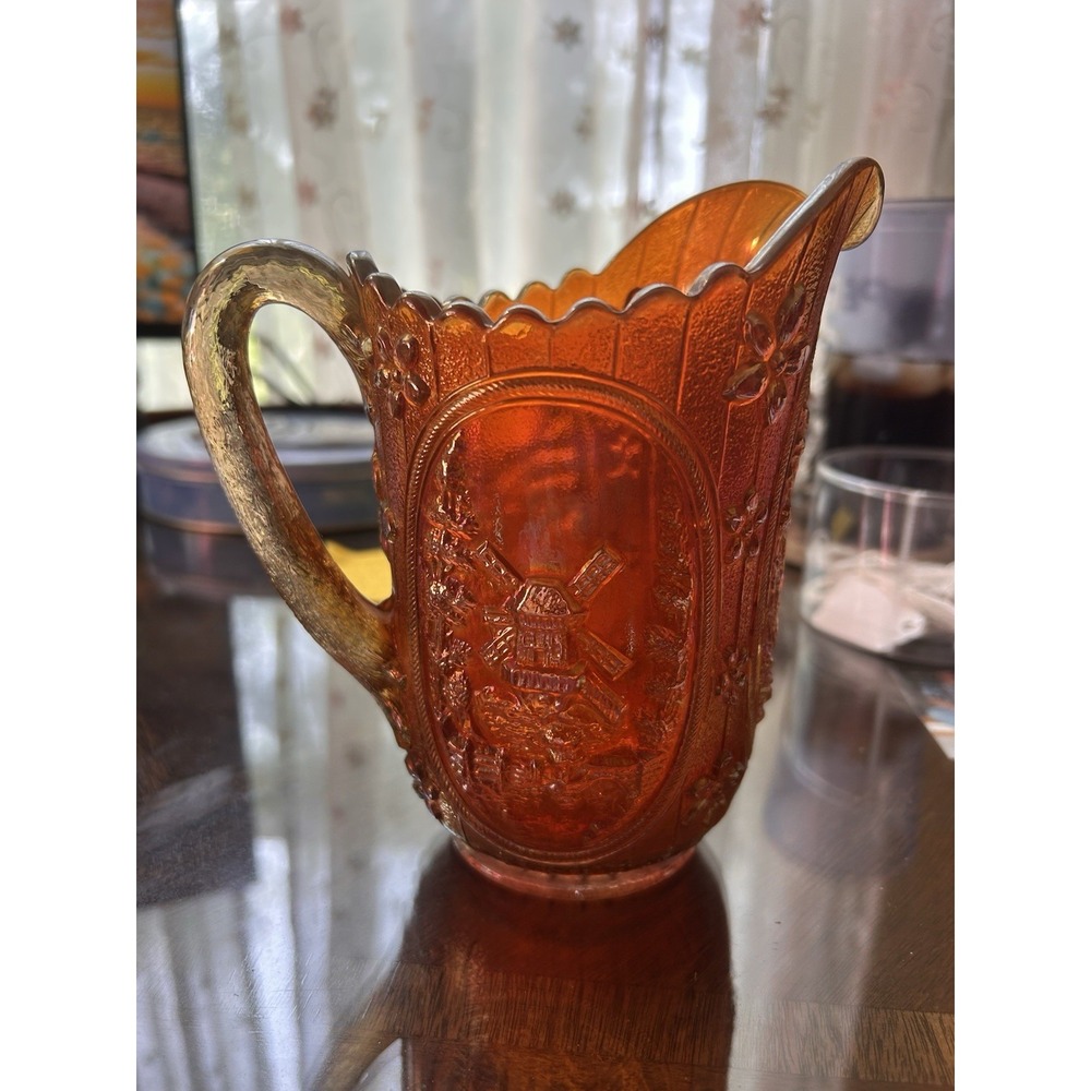 Antique Imperial Glass Company Marigold Carnival Glass Windmill Scene ca. 1923